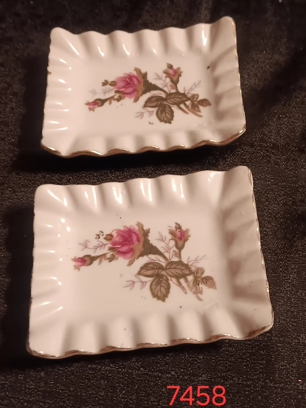 2 Porcelain Rose Trinket Dishes with Gold Trim